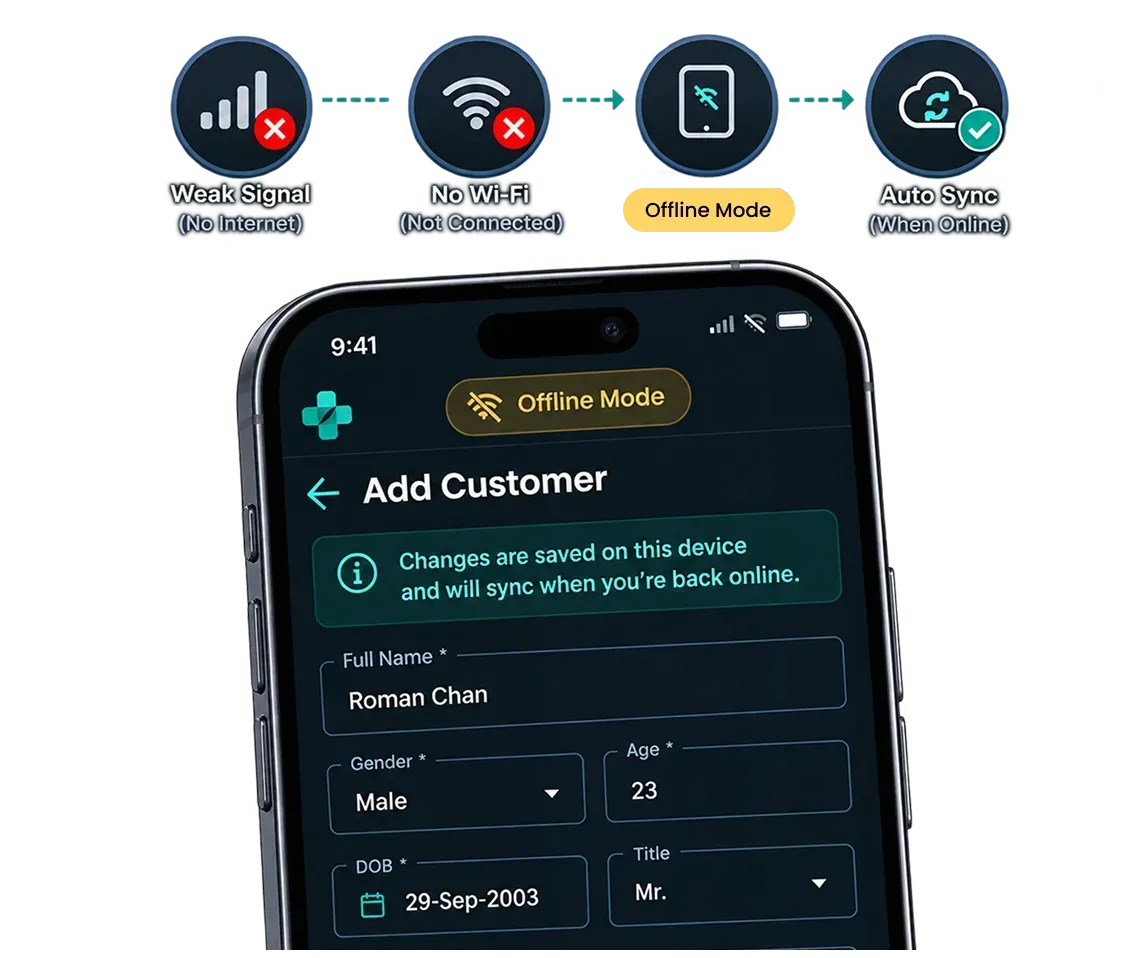 HealthPractice mobile app adding a customer in offline mode
