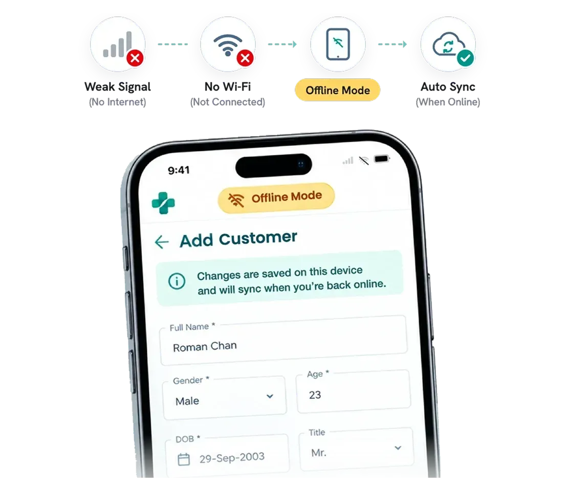 HealthPractice mobile app adding a customer in offline mode