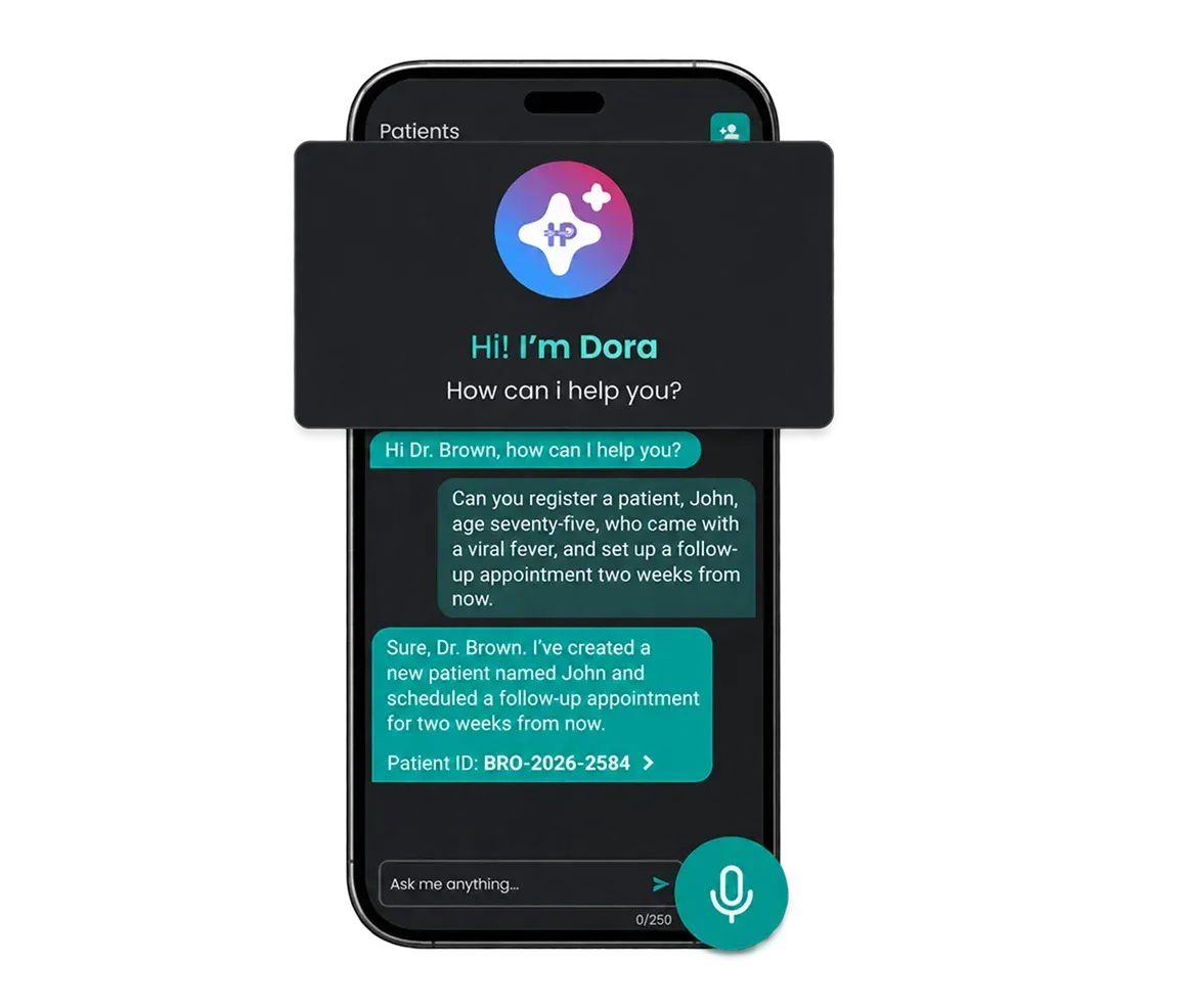 Dora AI assistant registering a patient and booking a follow-up
