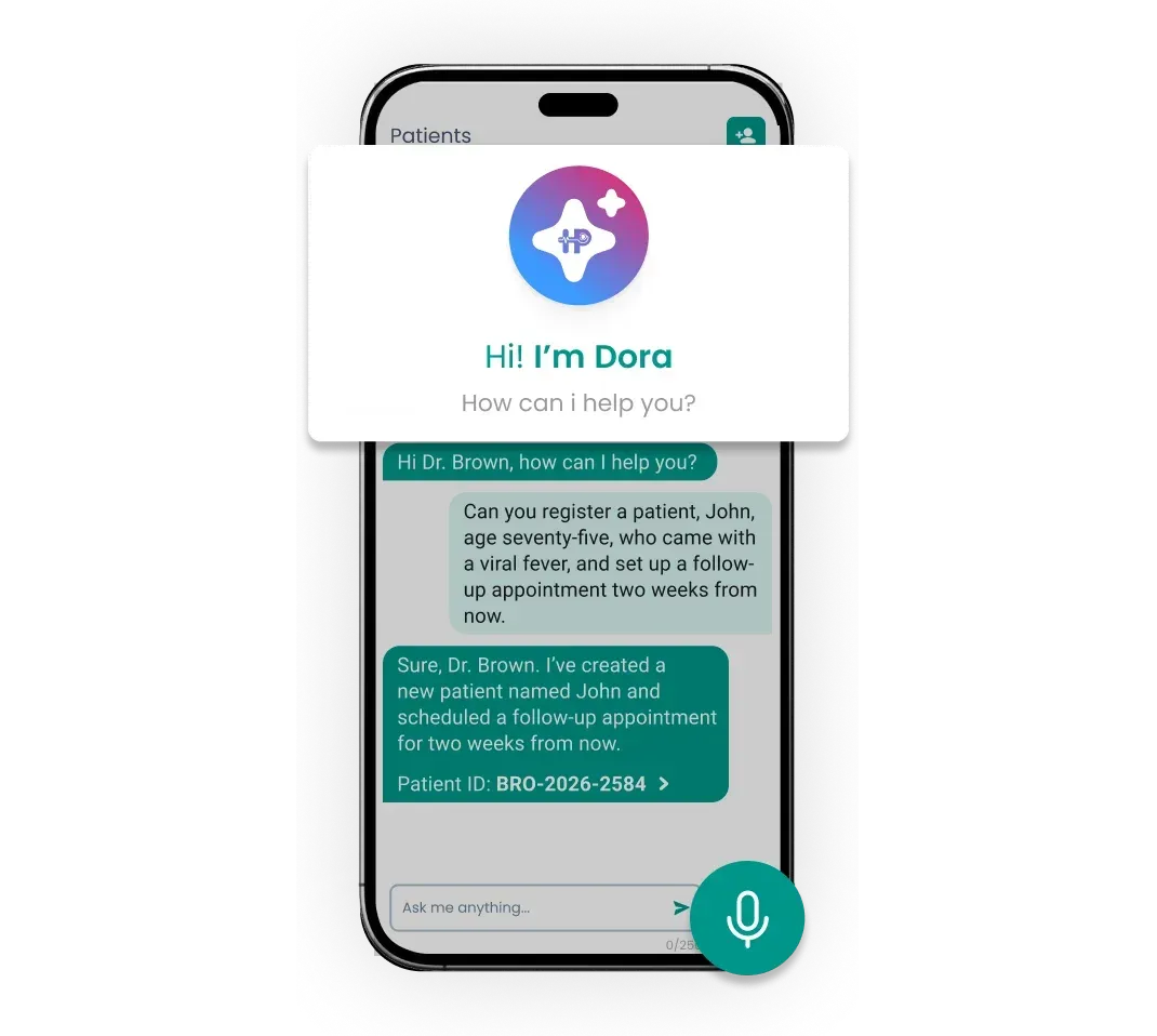 Dora AI assistant registering a patient and booking a follow-up